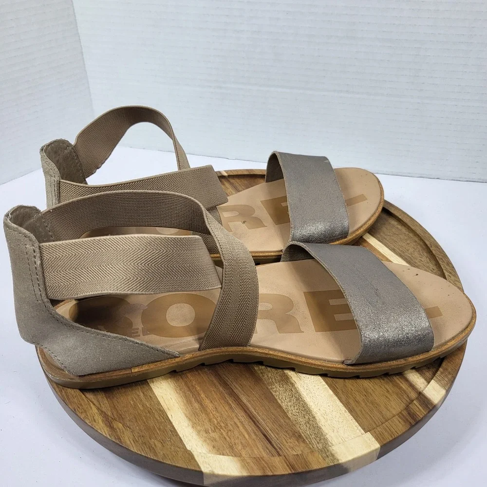 Sorel Ella II Metallic Sage Green Stretch Strap Sandals‎ NL4053-240 Womens 9.5